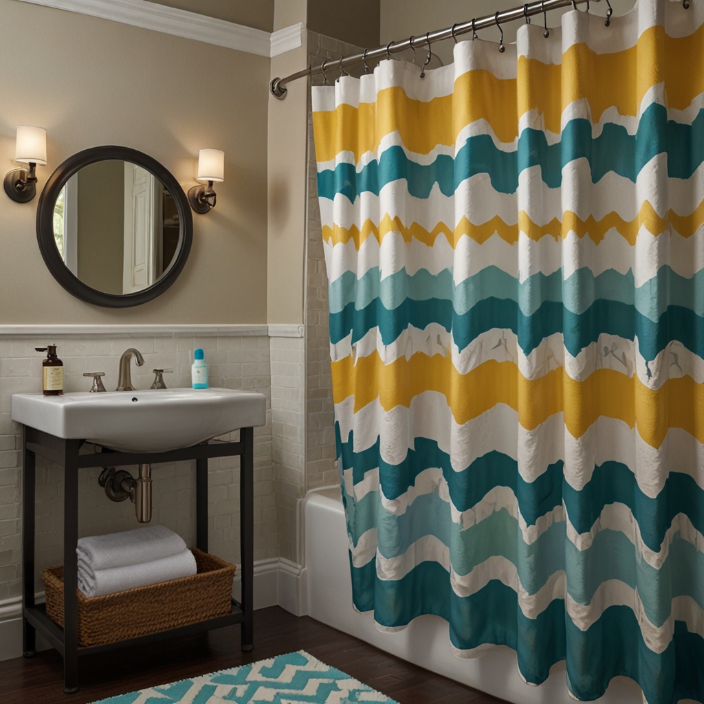 Chevron-patterned shower curtains in bold zigzags add modern energy. The contrast between colors and lighting creates depth and movement.