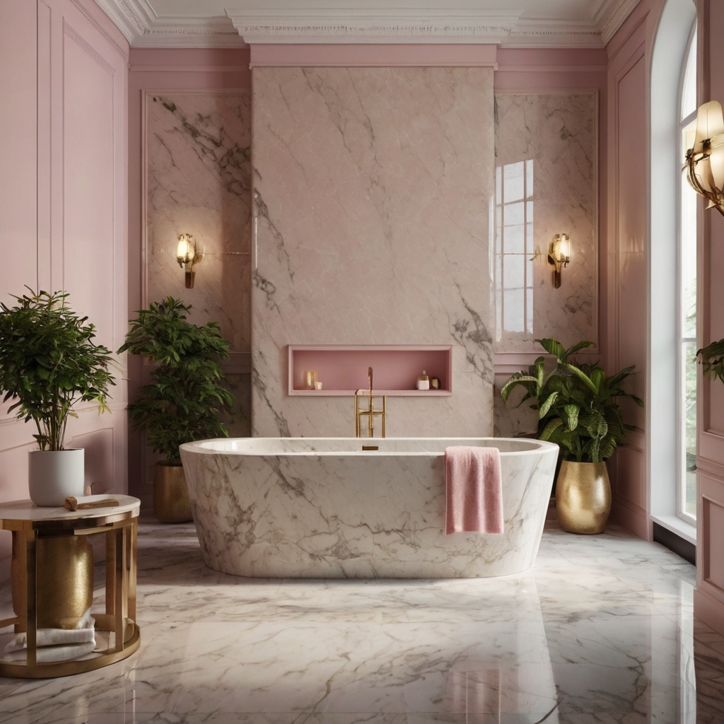 Luxurious white marble counters and floors gleam under soft lighting, complemented by blush pink walls. The serene space features a sleek tub and calming greenery for added elegance.