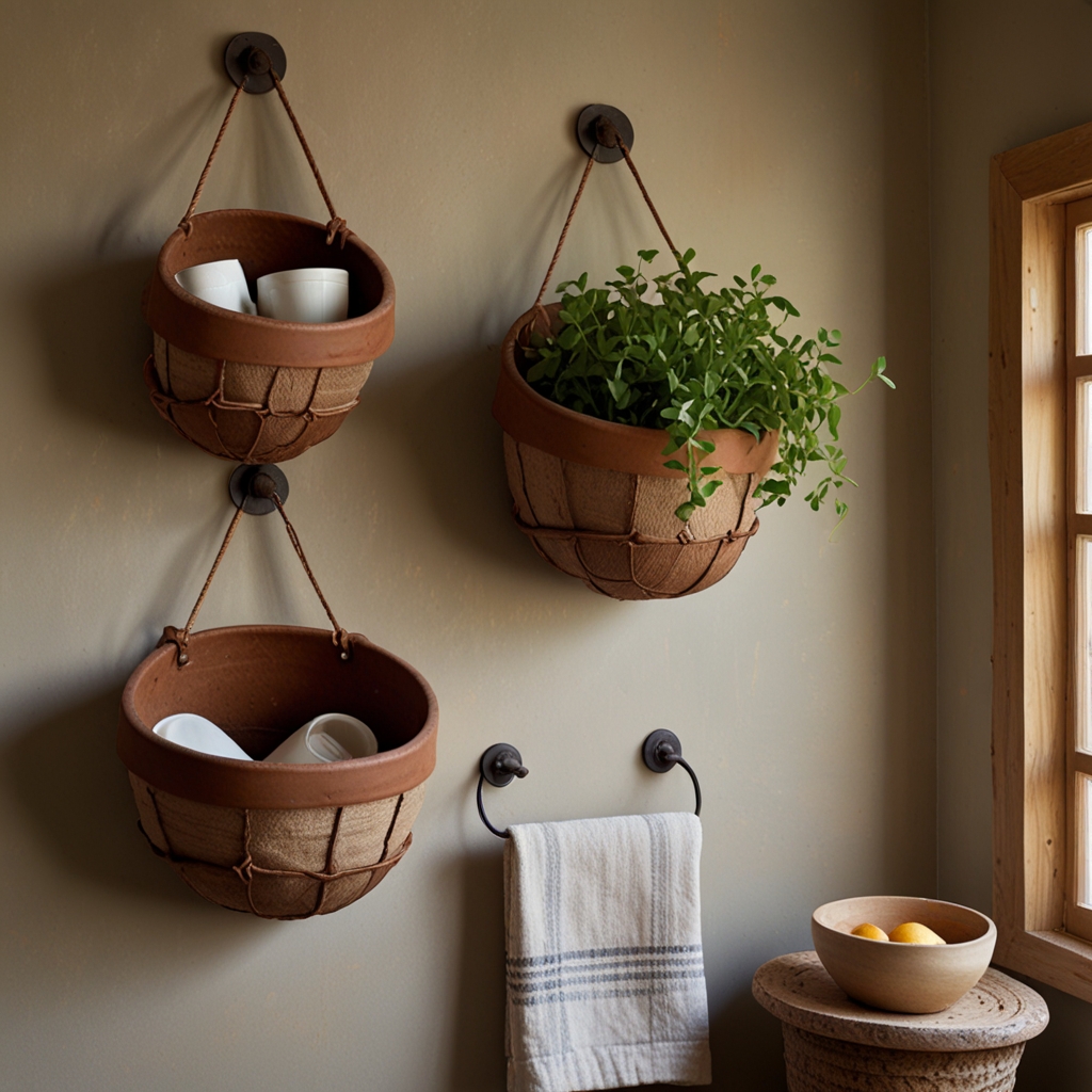 Clay hanging baskets for stylish storage, featuring natural textures. Soft lighting creates warmth, enhancing both practicality and aesthetic appeal.