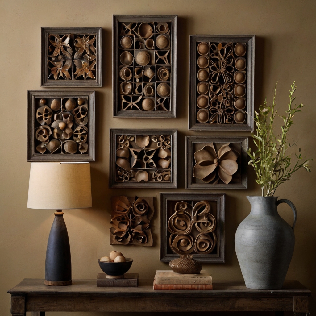 Dynamic cluster of clay wall hangings in various shapes and sizes. Soft lighting casts shadows, adding dimension and complexity to the display.