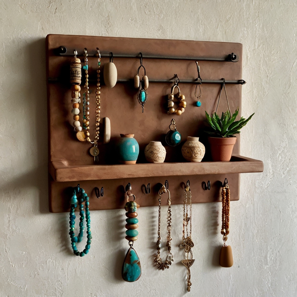 Clay jewelry holders with hooks and compartments. Soft lighting emphasizes their artistic designs, adding charm to bedrooms or vanity spaces.