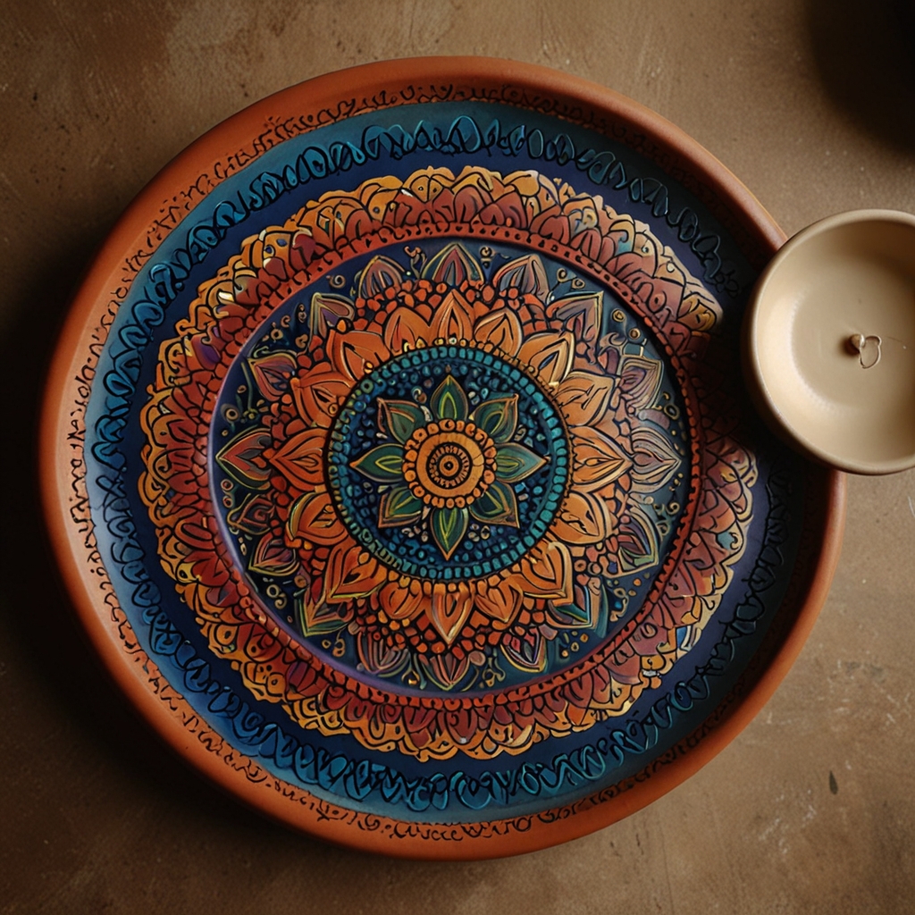 Large clay mandala plates with intricate designs. Soft lighting highlights vibrant colors, creating a calming, balanced focal point.