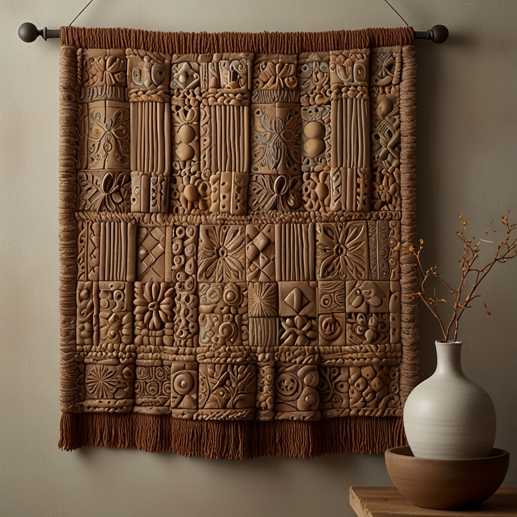 Textured clay tapestry with detailed, woven-like patterns. Diffused lighting enhances the dimensional texture, making it a striking focal point.