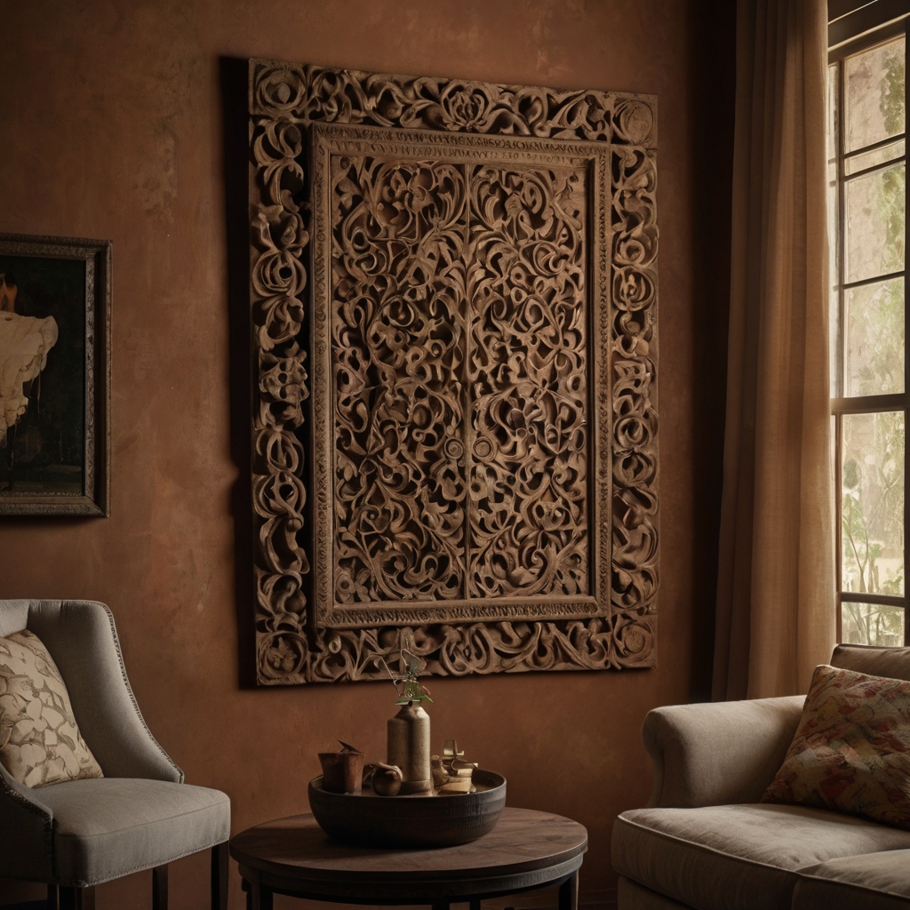 Vintage-inspired clay wall hanging with intricate antique finishes. Soft lighting casts a nostalgic, timeless ambiance in a classic home.