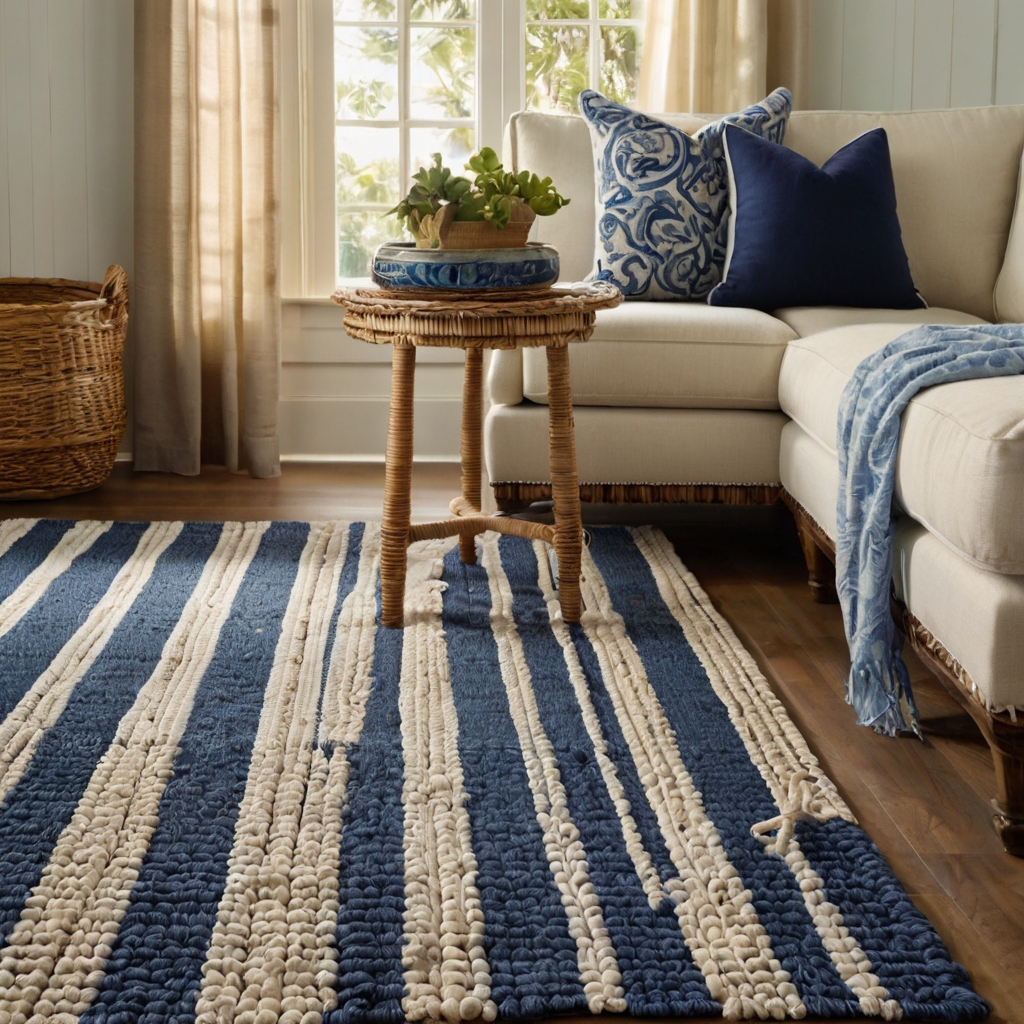 Coastal Stripes Rugs: Striped blue-and-white rugs evoke breezy, seaside relaxation in any room.