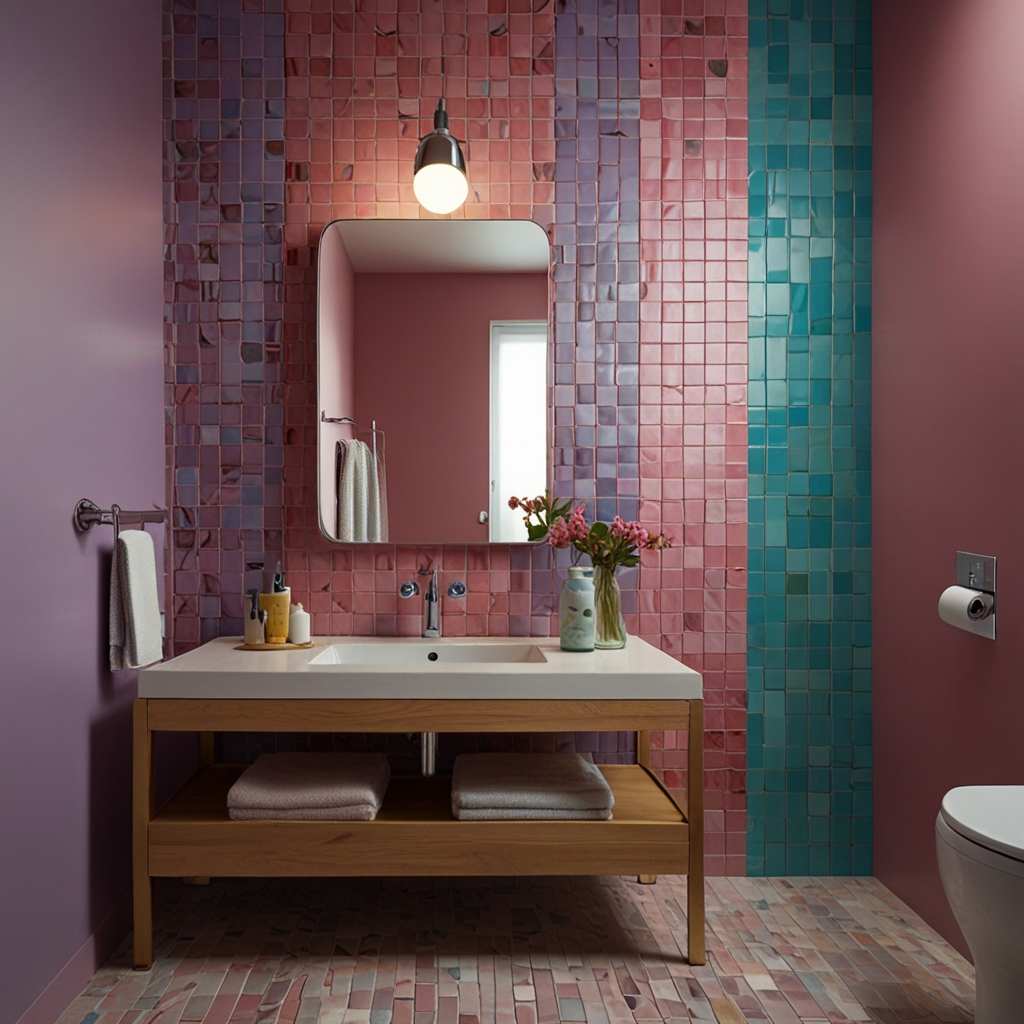 Vibrant patterned tiles bring energy to pastel-toned bathrooms. Natural light complements white fixtures for a cheerful, inviting design.