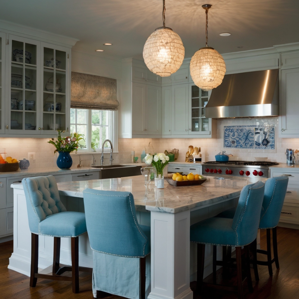 Plush upholstered chairs in calming shades make your kitchen inviting. Experience a cozy, relaxing space with soft lighting enhancing the chair’s texture.