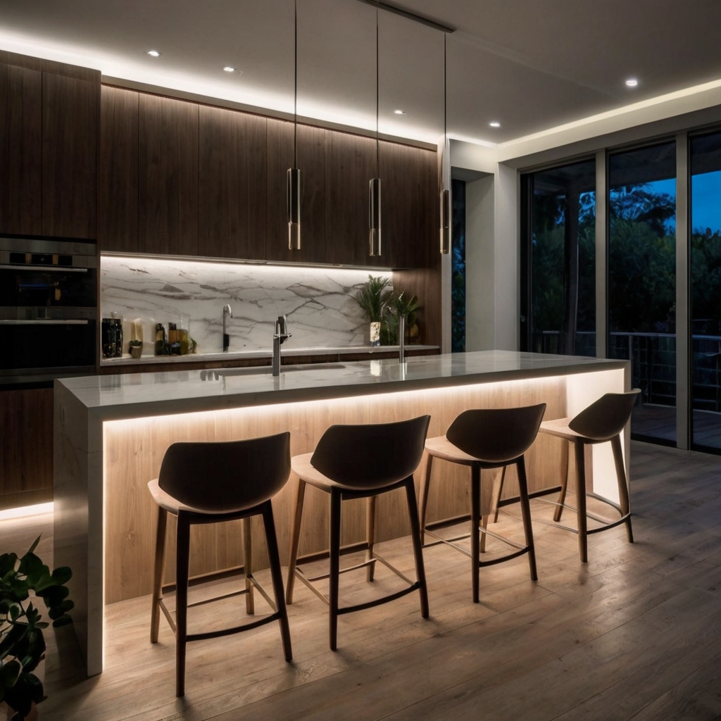 Compact island chairs with built-in lighting bring a modern touch to your kitchen. Enjoy the ambiance of soft lighting with functional, space-saving designs.