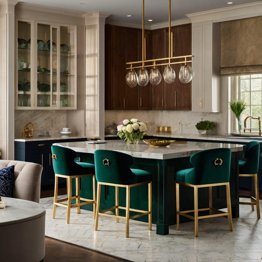 Add luxurious velvet-upholstered chairs to your kitchen for a glamorous touch. Soft lighting highlights the plush texture and sophisticated design.