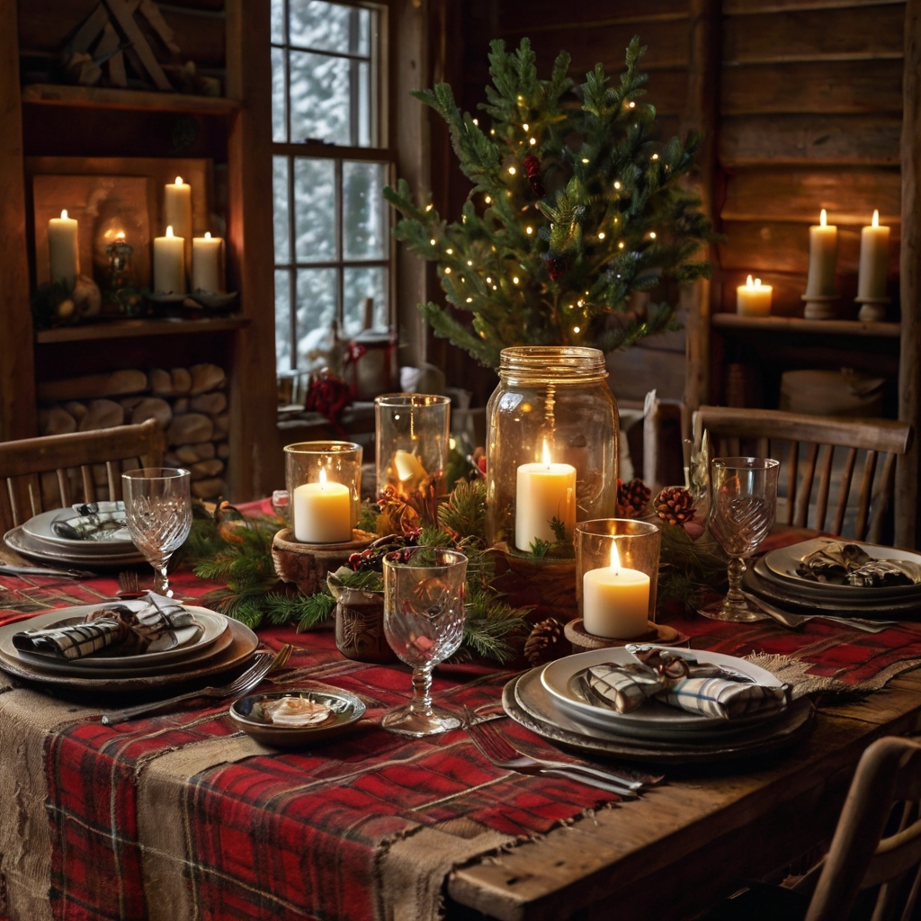 A cozy cottage table with plaid tablecloths, mason jar centerpieces, and rustic mugs. Warm lighting creates an inviting, homely feel.