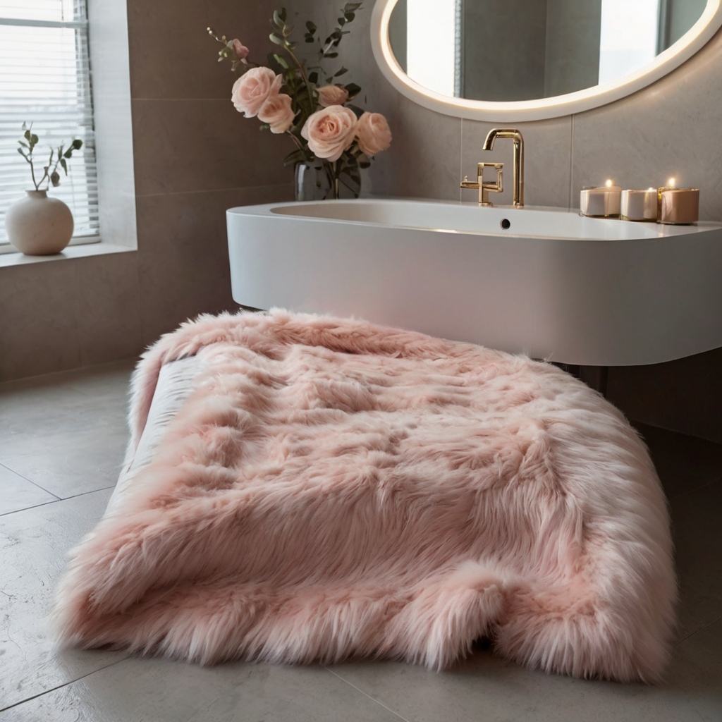 A pastel pink faux fur rug adds comfort and texture to this modern bathroom. Soft lighting complements the sleek sink and marble tiles for a welcoming atmosphere.