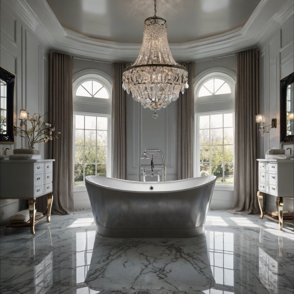 Elevate your bathroom with a luxurious crystal chandelier, casting a sparkling glow for a refined, spa-like ambiance.