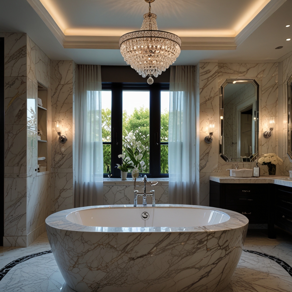 Bring glamour to your bathroom with crystal pendant lights that sparkle under soft lighting for an elegant atmosphere.