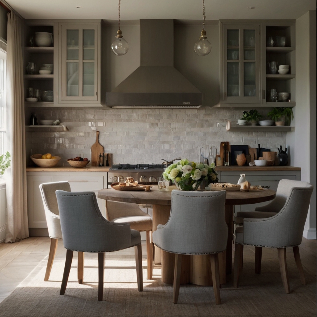 Soft, cushioned island chairs offer lasting comfort in a cozy kitchen. Relax in comfort with warm lighting casting gentle shadows on the plush fabric.