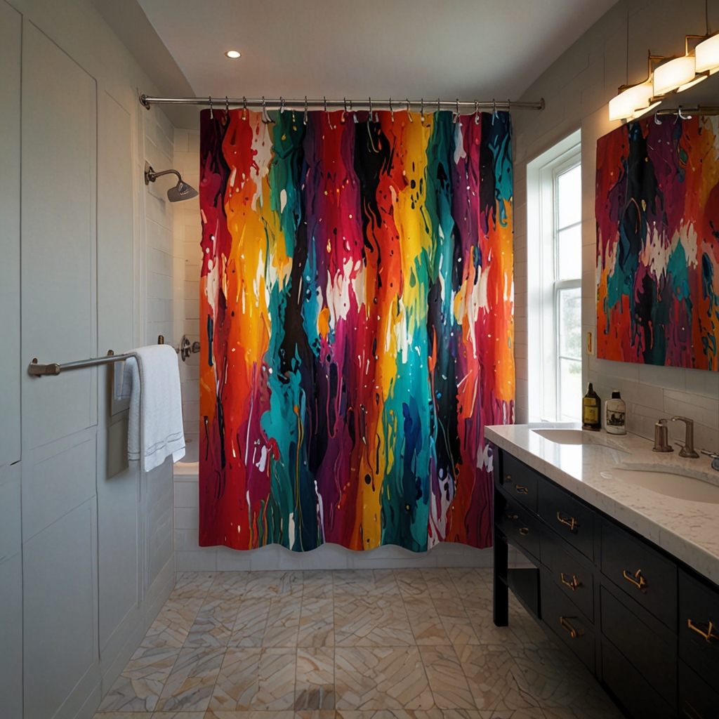 Make your bathroom a gallery with custom art shower curtains. Dramatic lighting highlights vibrant designs, adding a creative touch.