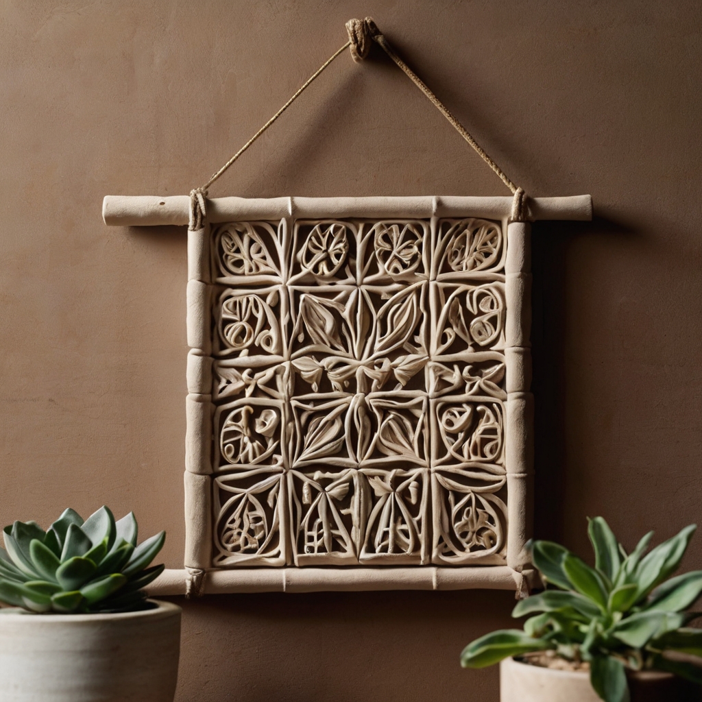 Custom-designed clay wall hangings reflecting unique styles and aesthetics. Soft lighting enhances every detail, creating a cozy, personalized space.