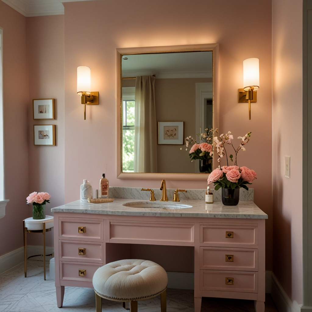 A pink vanity with floral handles and a marble top shines under soft lighting. Personalized details like monogrammed towels enhance the cozy, feminine design.