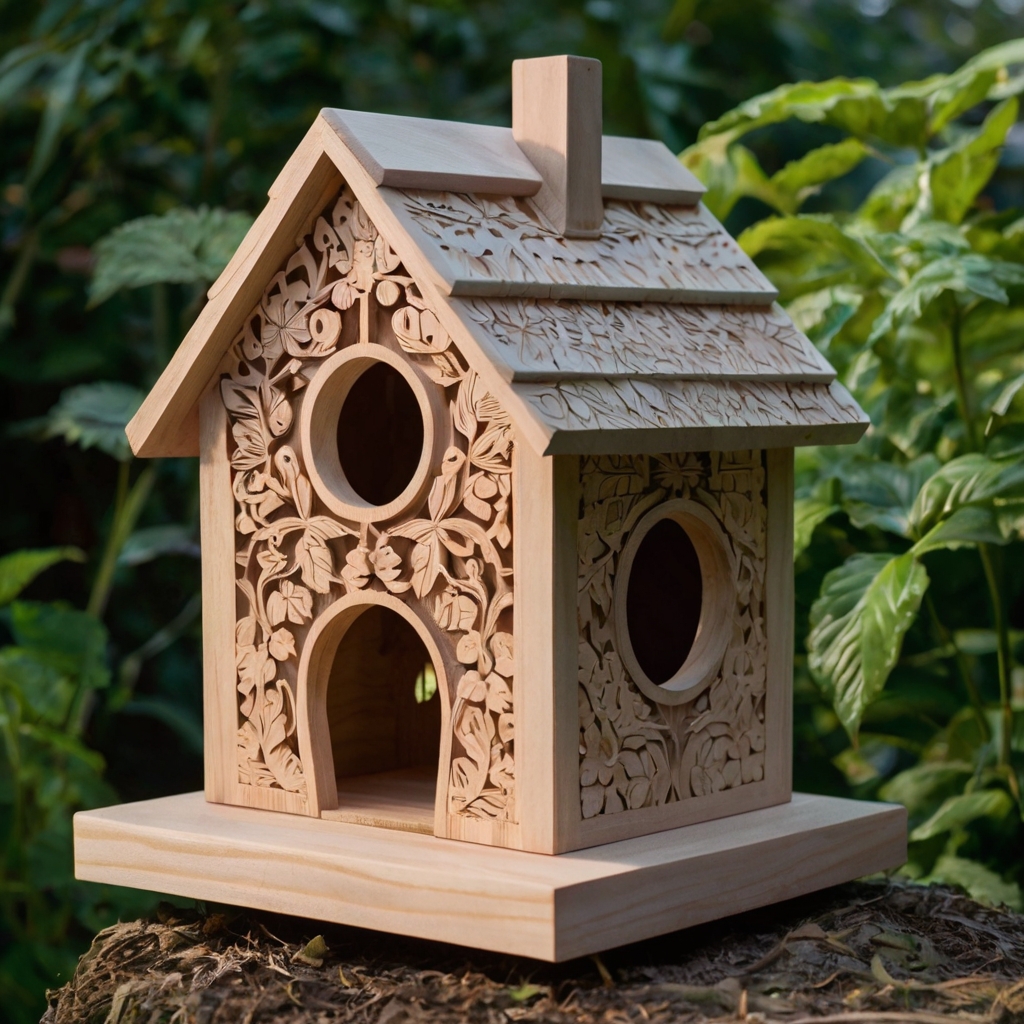 Create a birdhouse with customizable engravings or patterns, adding personal touches. Place it in a garden where light highlights its unique design, making it a thoughtful and special feature.