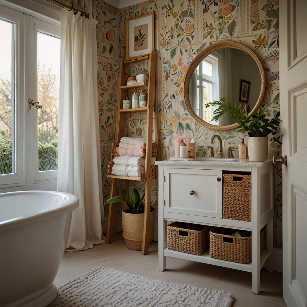 Woven baskets and patterned bins bring charm to this pastel-toned bathroom. Warm lighting highlights the practicality and coziness of the organized, girly space.