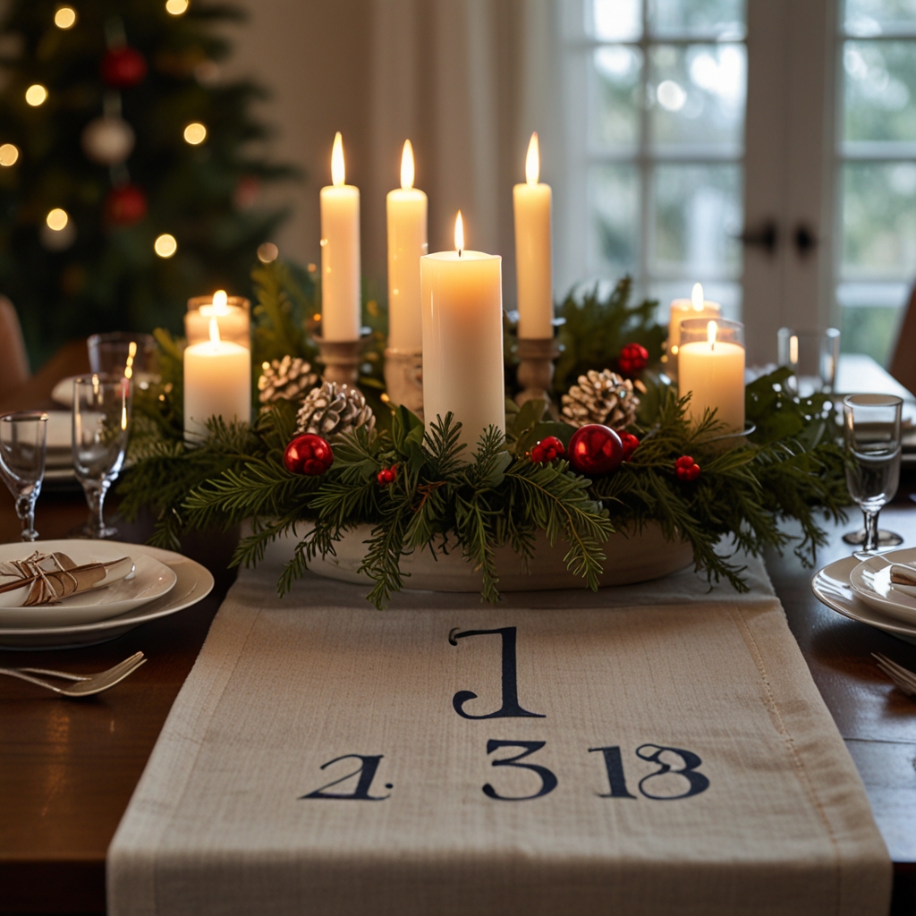 Craft a table runner with numbered candles for a countdown to Christmas, adding greenery and festive details for flair.