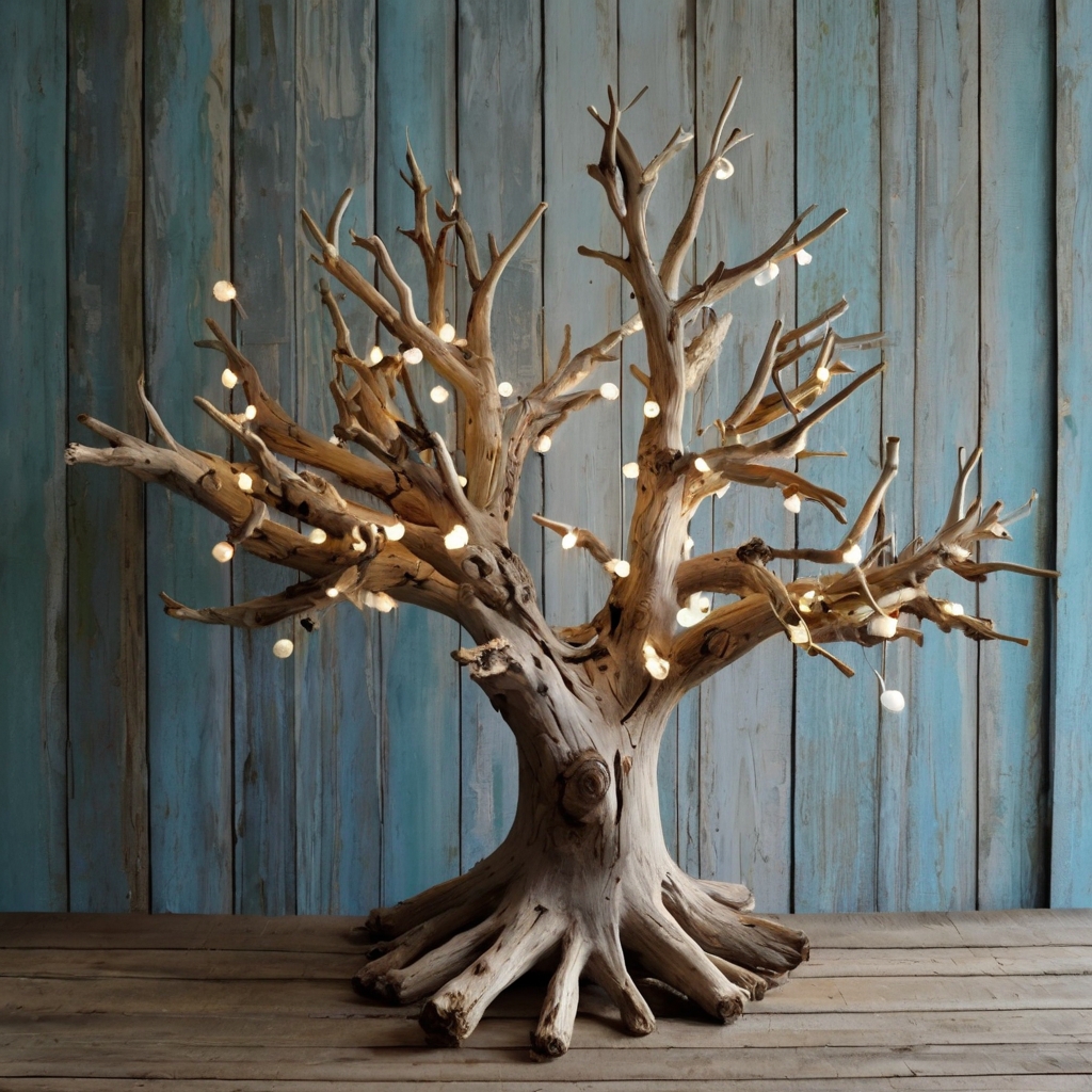 Create a coastal-inspired driftwood tree with soft fairy lights for a serene, beachy holiday look. Visit our site for more DIY holiday decor ideas!