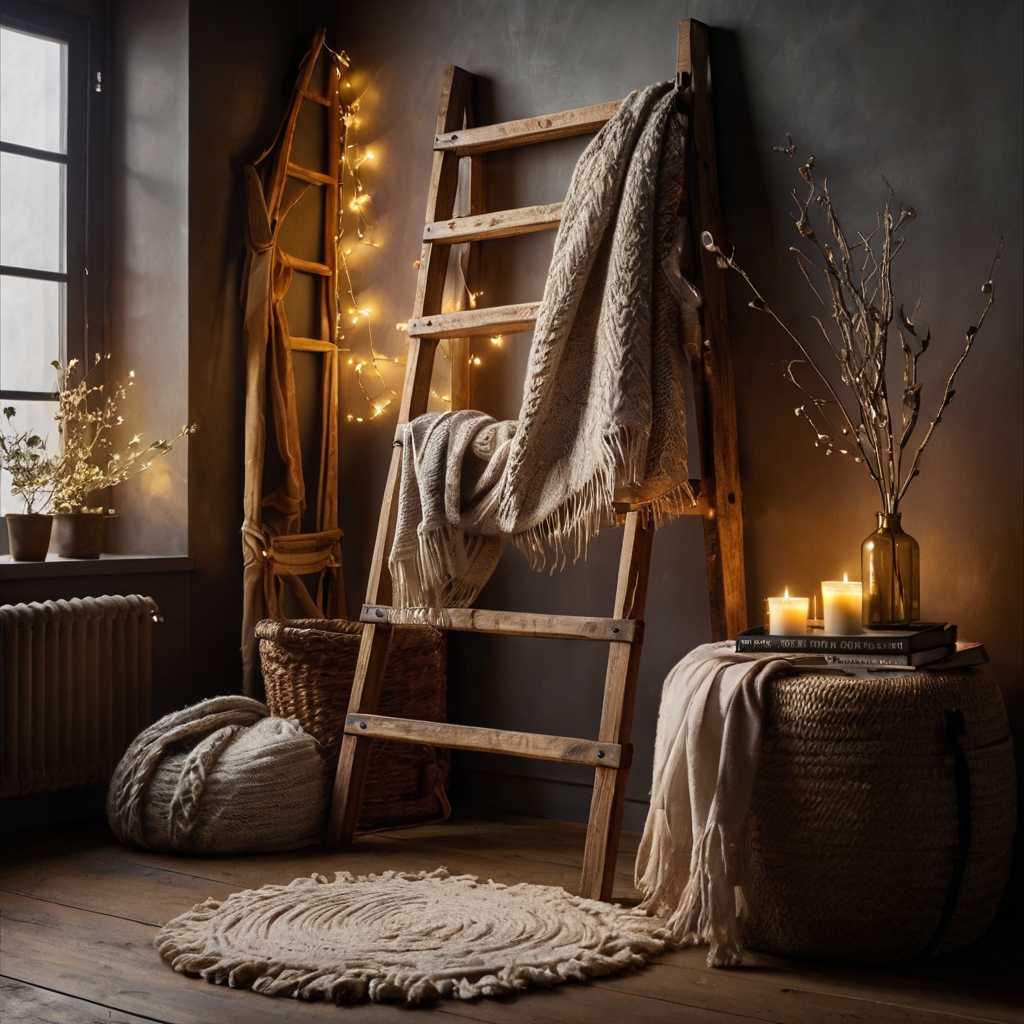 A room featuring a wooden or metallic ladder as a stylish storage solution. Warm light highlights the ladder’s texture and contents, adding rustic charm to the space.