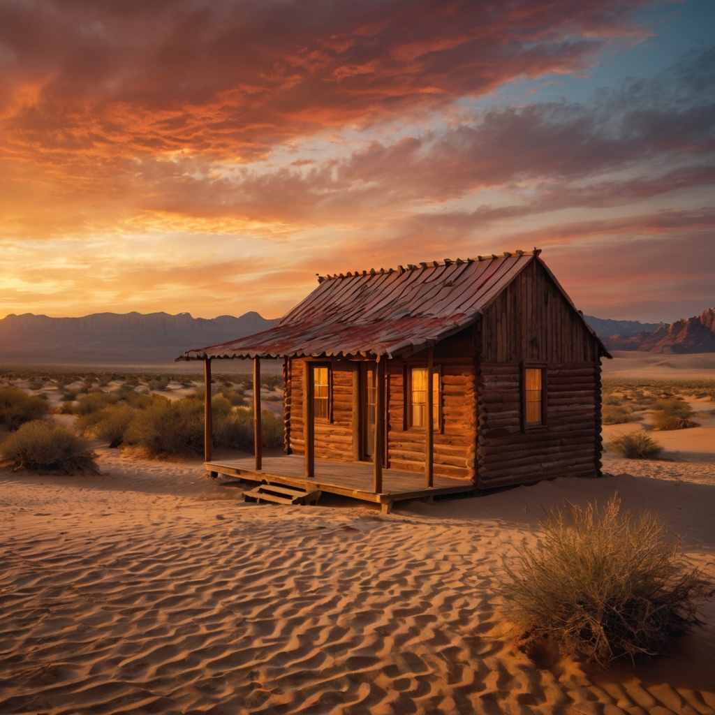 Enjoy a sun-kissed retreat in a desert cabin. Embrace the tranquility of golden sands and dramatic desert landscapes.