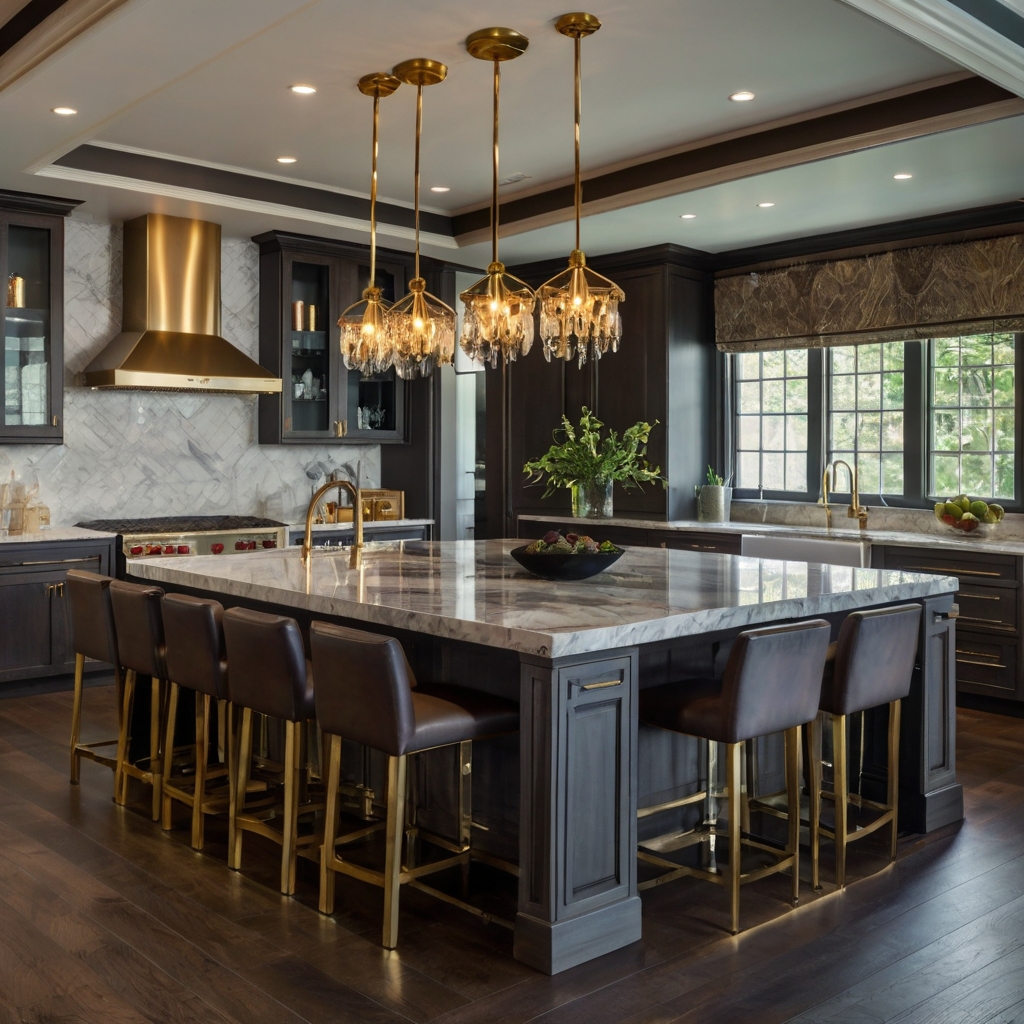 Elevate your kitchen with designer island chairs featuring opulent materials and designs. Dramatic lighting highlights the luxury and sophistication of your space.