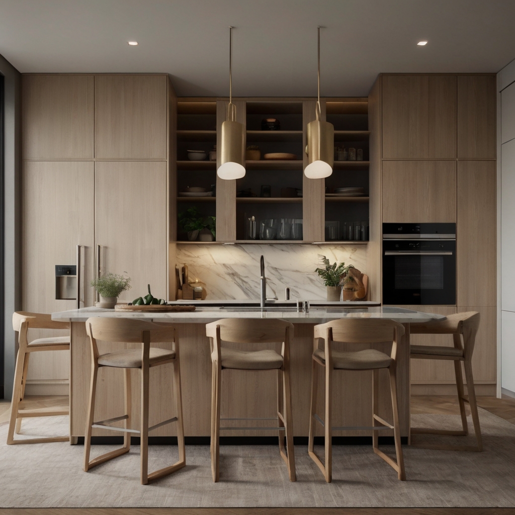 Maximize functionality with island chairs that double as storage units. Discover smart, space-saving designs in a kitchen that’s both organized and stylish.