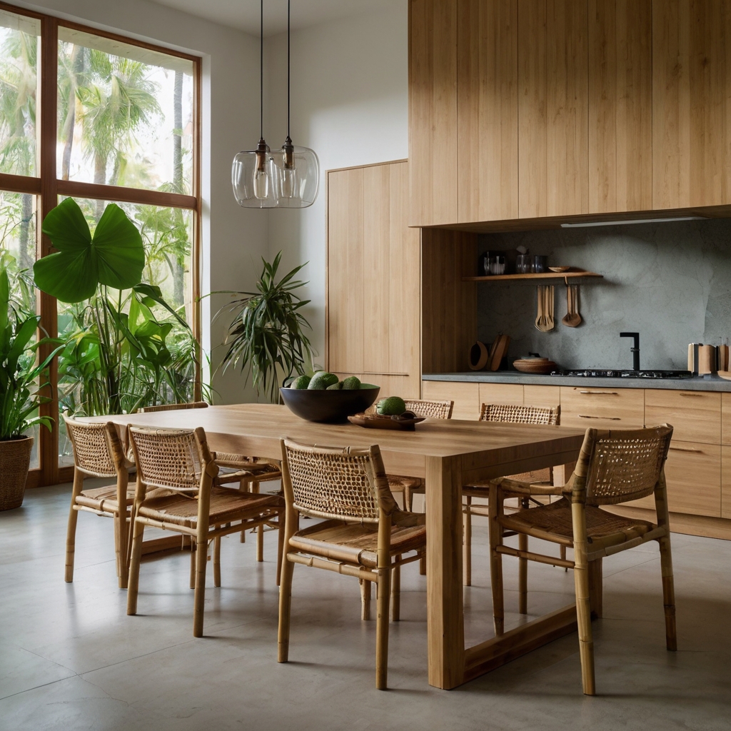 Go green with eco-friendly bamboo island chairs in natural tones. Highlight sustainability and design with soft lighting and vibrant greenery around your kitchen.