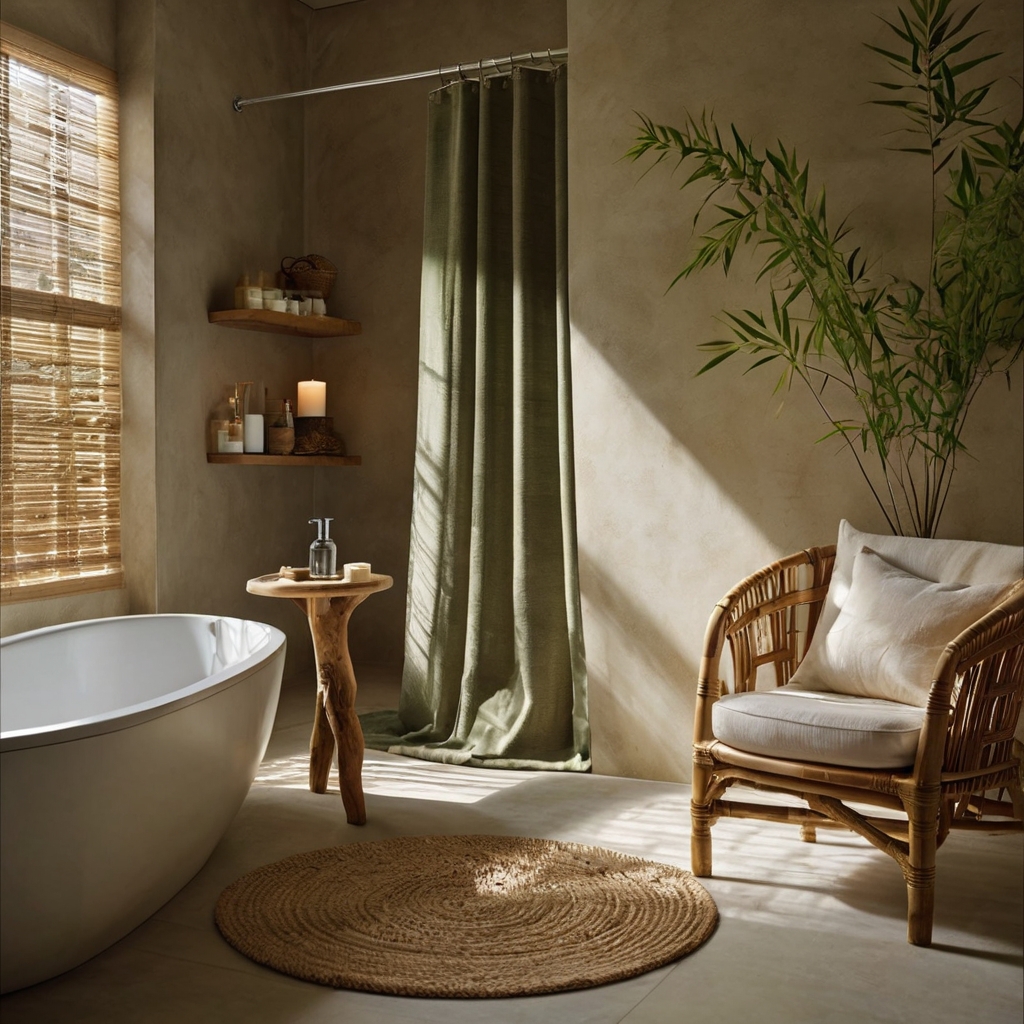 Choose sustainable bamboo or organic cotton shower curtains for an eco-friendly bathroom. Earthy tones and natural materials add warmth.