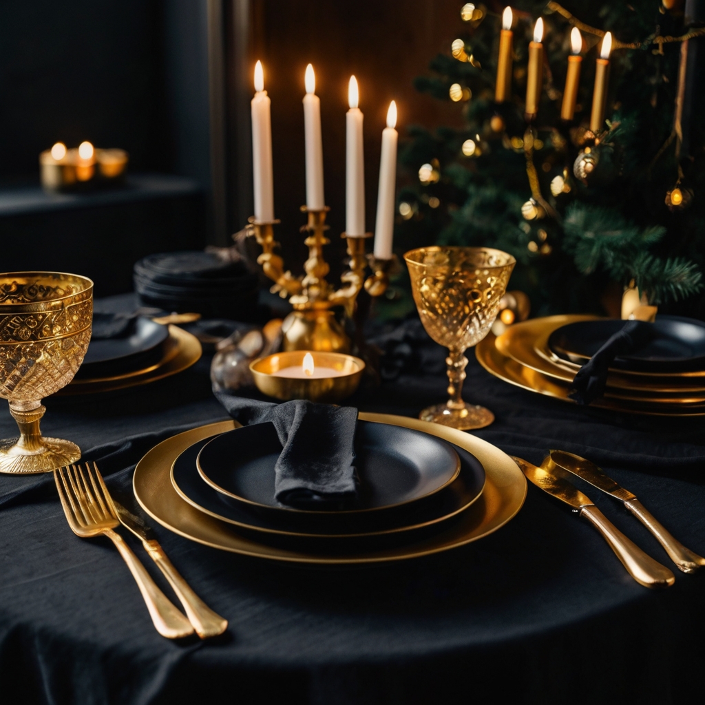 Pair black tablecloths with gold accents for a chic, dramatic holiday table with sophisticated lighting.