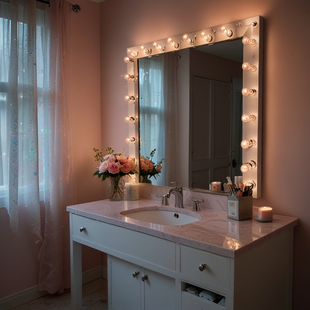 Twinkling fairy lights frame a pastel pink bathroom mirror, creating a magical glow. Romantic lighting enhances the room's cozy, feminine vibe.