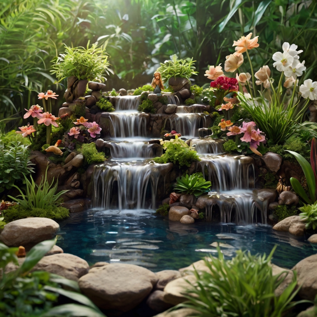 Whimsical waterfall with figurines and plants, creating a magical, storybook-like atmosphere in a garden.