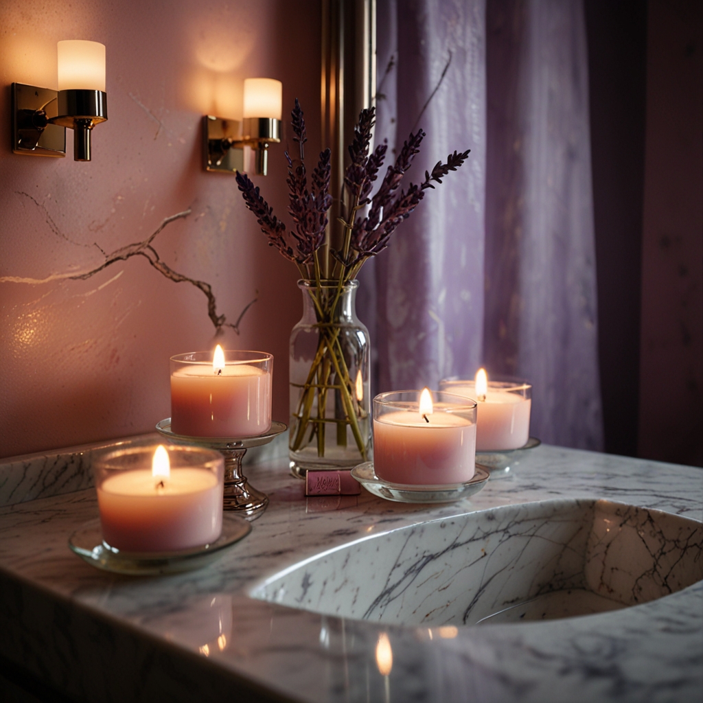 Scented candles and perfumes exude elegance in a soft pink bathroom. Candlelight enhances the marble counters and creates a warm, relaxing atmosphere.