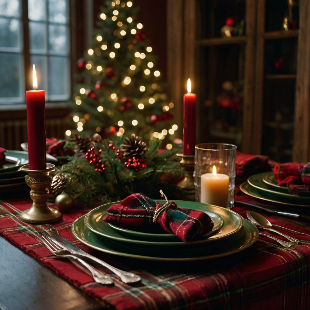 A cozy plaid table with red, green, and black designs. Warm, ambient lighting enhances the inviting, traditional feel.
