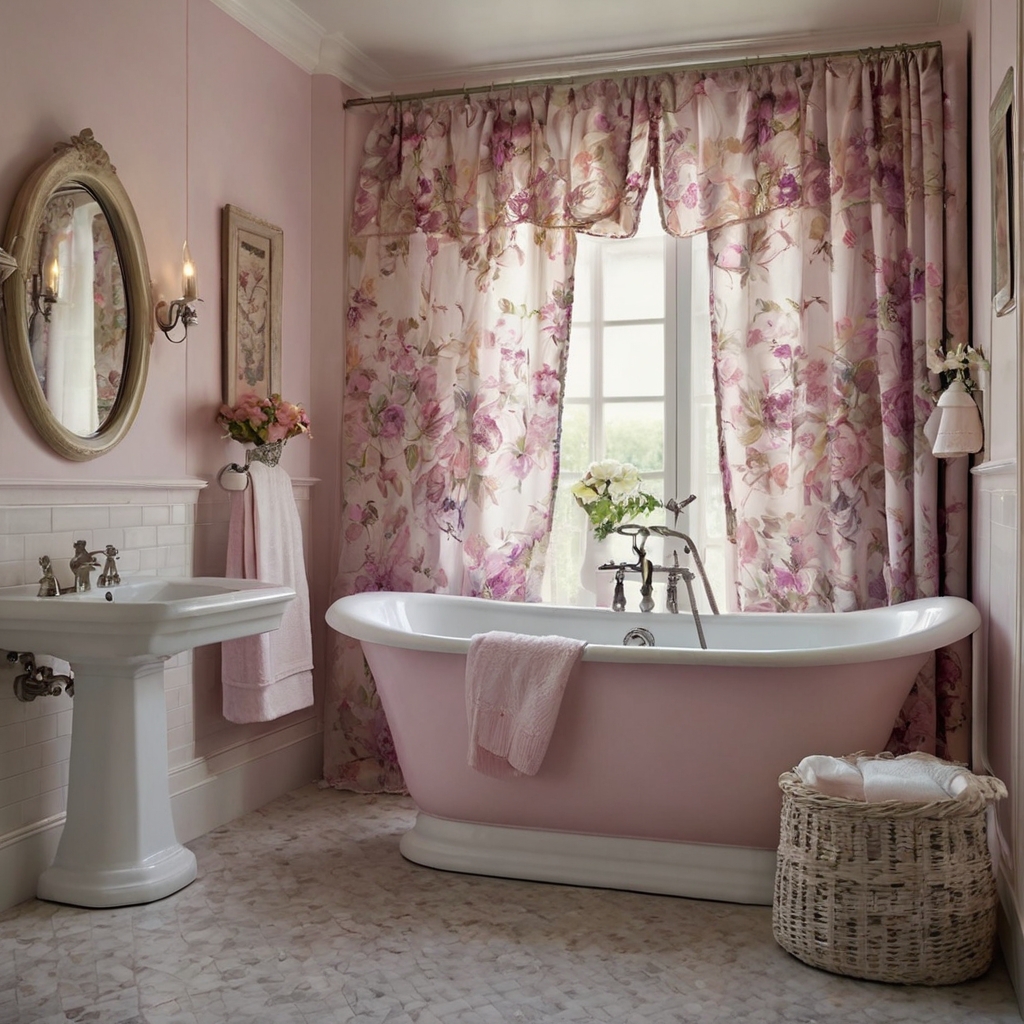 Add delicate floral prints in soft pastels to your bathroom for a romantic, vintage-inspired atmosphere. Warm, diffuse lighting completes the tranquil look.