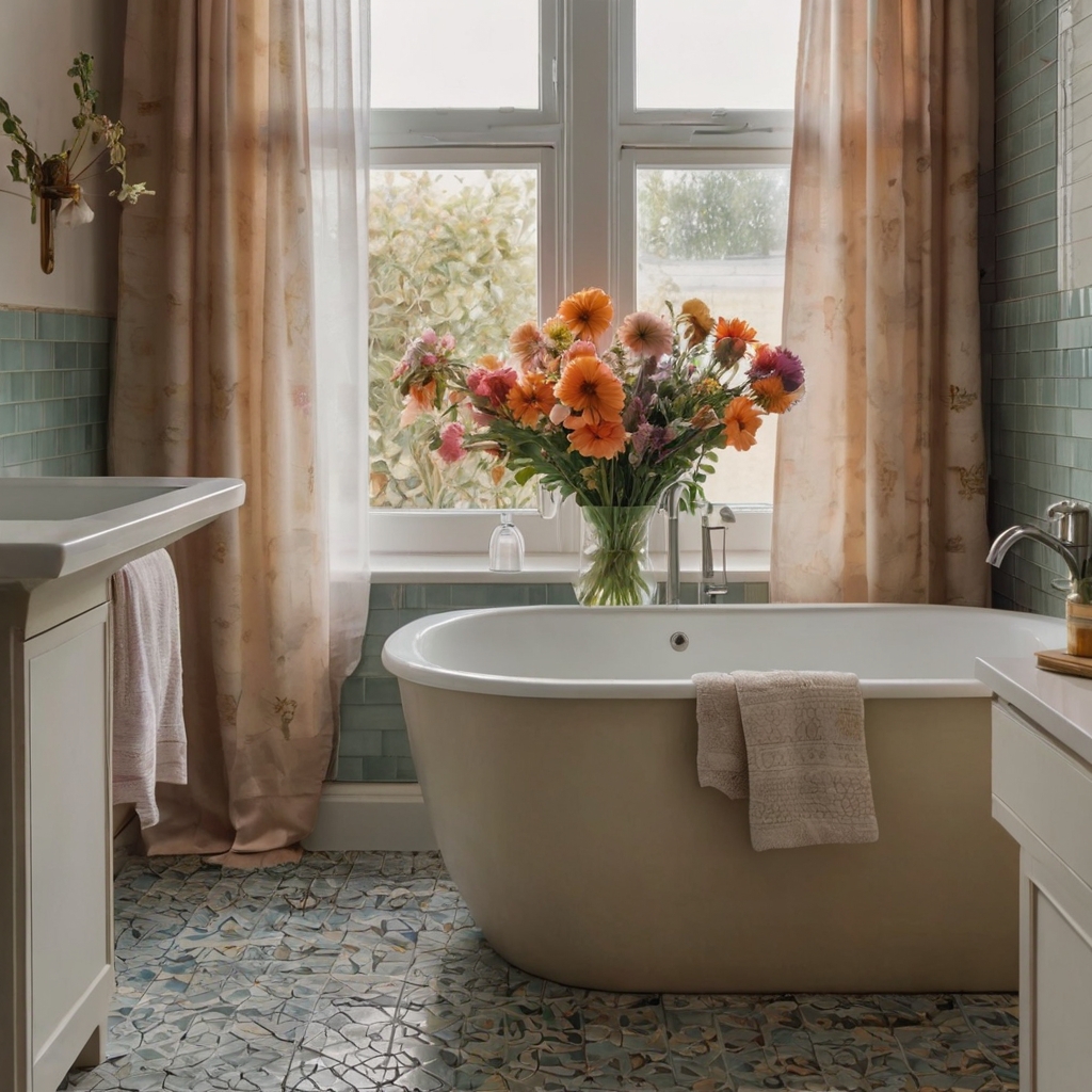 Vibrant wildflowers and roses in a glass vase adorn a marble countertop, illuminated by soft natural light. The floral accents add freshness to the neutral tones and pastel shower decor.