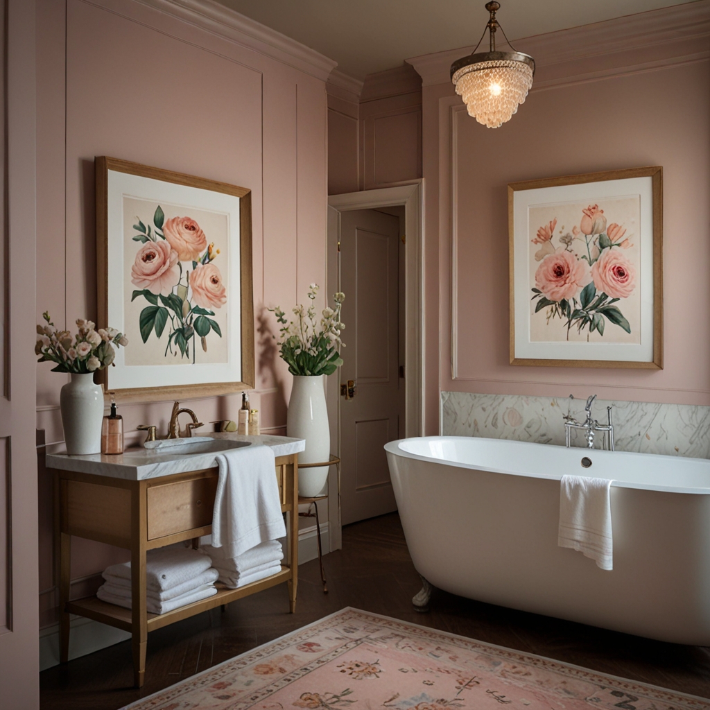 Floral and watercolor art adds charm to pastel pink walls illuminated by soft lighting. A marble vanity and neutral rugs complete this elegant, artistic bathroom.