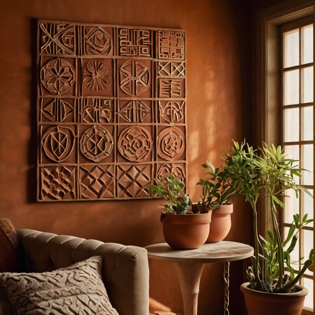 Rustic terracotta clay wall hangings with hand-painted geometric and nature designs. Soft lighting enhances the textured surface, creating a cozy, organic ambiance.