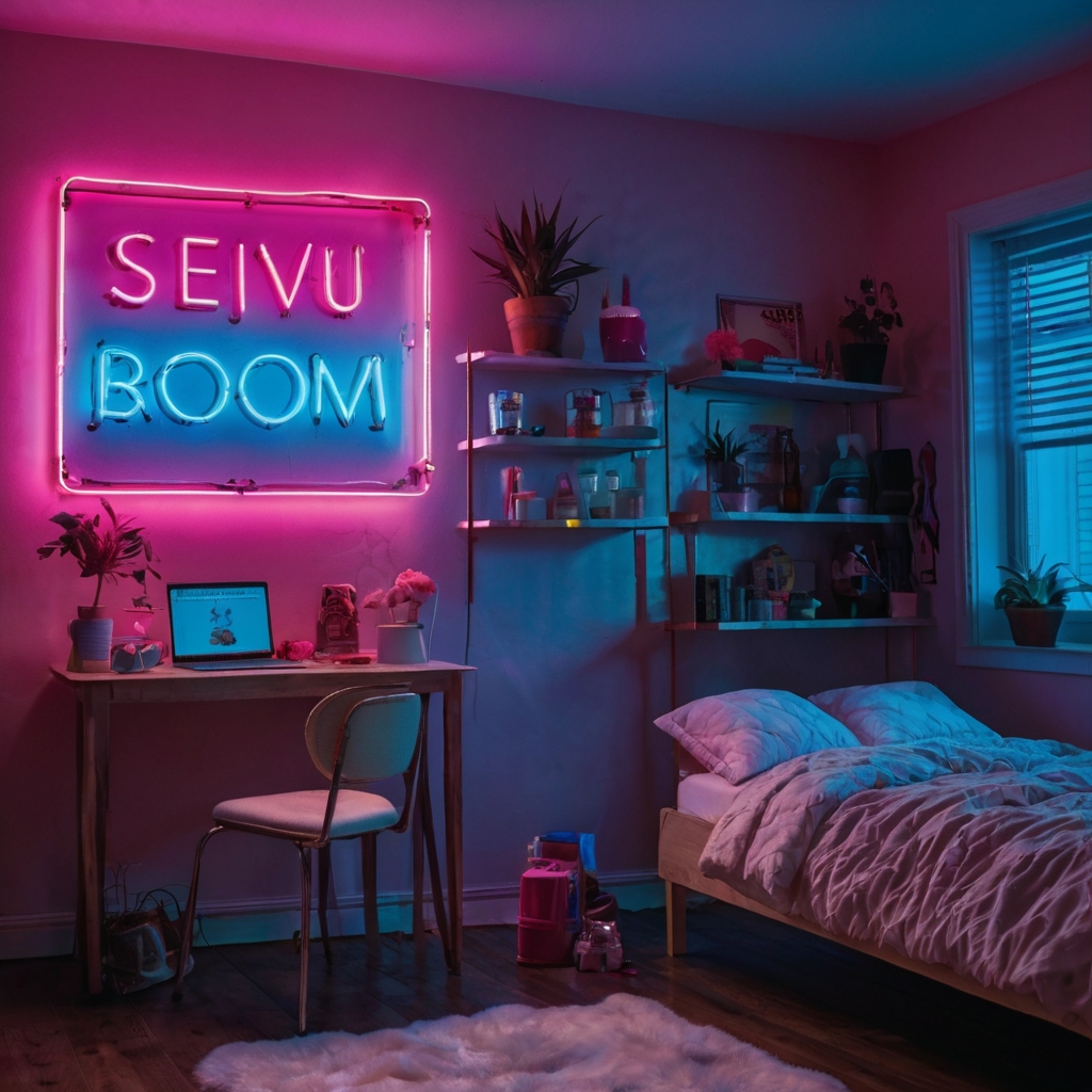 A vibrant room with a funky neon sign glowing in bright pink and blue. The neon light creates colorful reflections and dynamic shadows around the space.