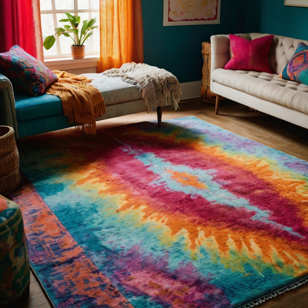 Tie-Dye Rugs: Playful, vibrant tie-dye rugs add a quirky touch to eclectic or bohemian rooms.