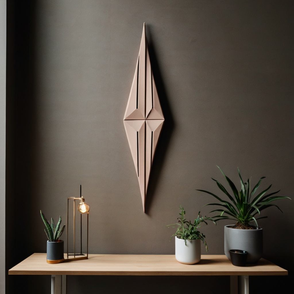 Geometric clay wall hanging featuring sharp lines and symmetrical shapes. Side lighting enhances the angular edges, bringing balance to the space.