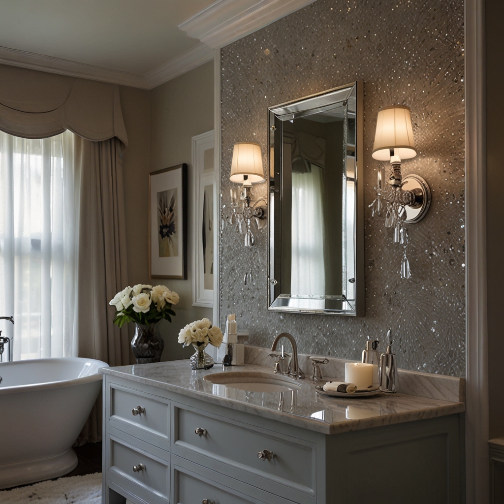 Add sophistication with crystal wall sconces, offering soft, glamorous light for a luxurious bathroom experience.