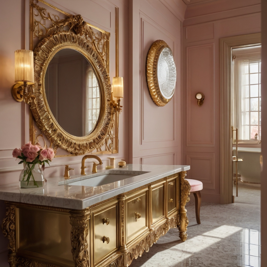 An elegant bathroom featuring gold-framed mirrors, faucets, and beige walls with luxurious crystal chandelier lighting. The gold accents shine, creating a sophisticated, regal atmosphere.