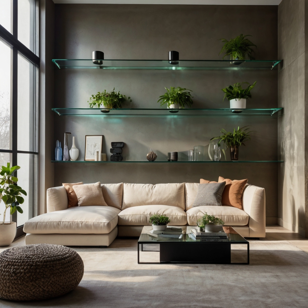 Add elegance with floating glass shelves, blending contemporary style and functionality. Perfect for minimalist living spaces—transform your décor today!