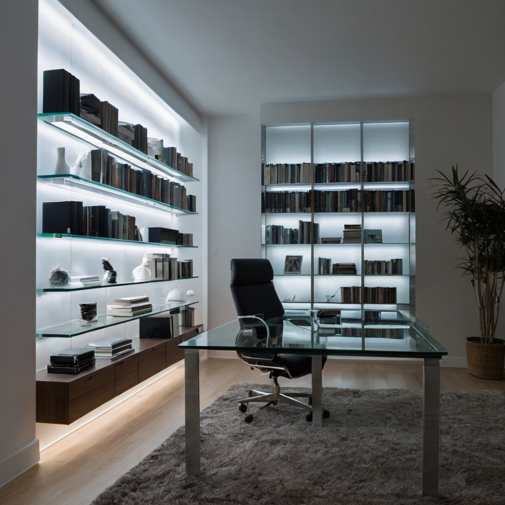 Add sleek, contemporary style to your home office with glass and steel shelves. Perfectly organized books and minimalist decor shine under bright LED lights. Achieve a futuristic look today!