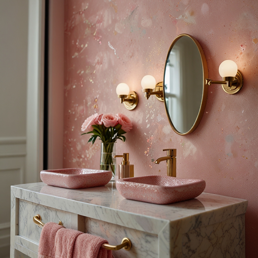 A glittery soap dish sparkles on a marble counter under soft lighting. Pastel walls and plush towels complement this playful yet elegant bathroom accent.