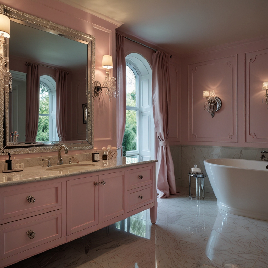 A rhinestone-encrusted mirror gleams under soft chandelier light, adding glamour. Pastel walls and marble accents balance luxury with sophistication.