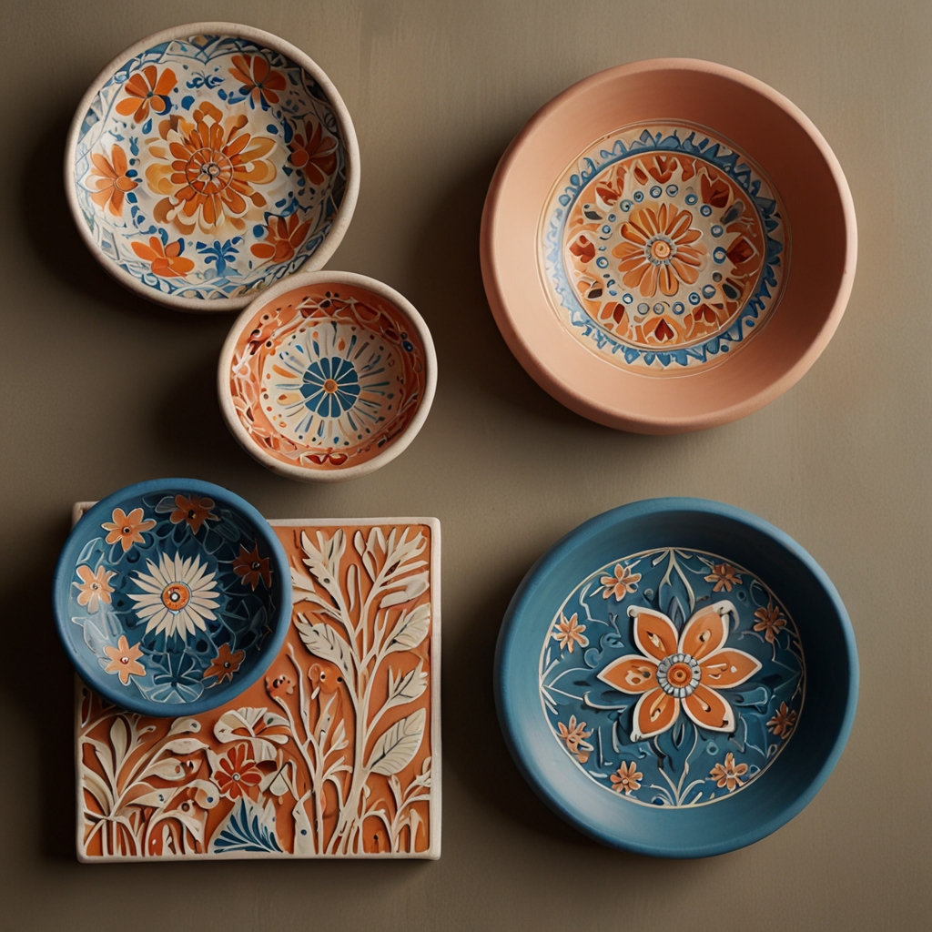 Hand-painted clay pieces featuring intricate patterns. Soft lighting accentuates the vibrant details, making each piece a unique art statement.